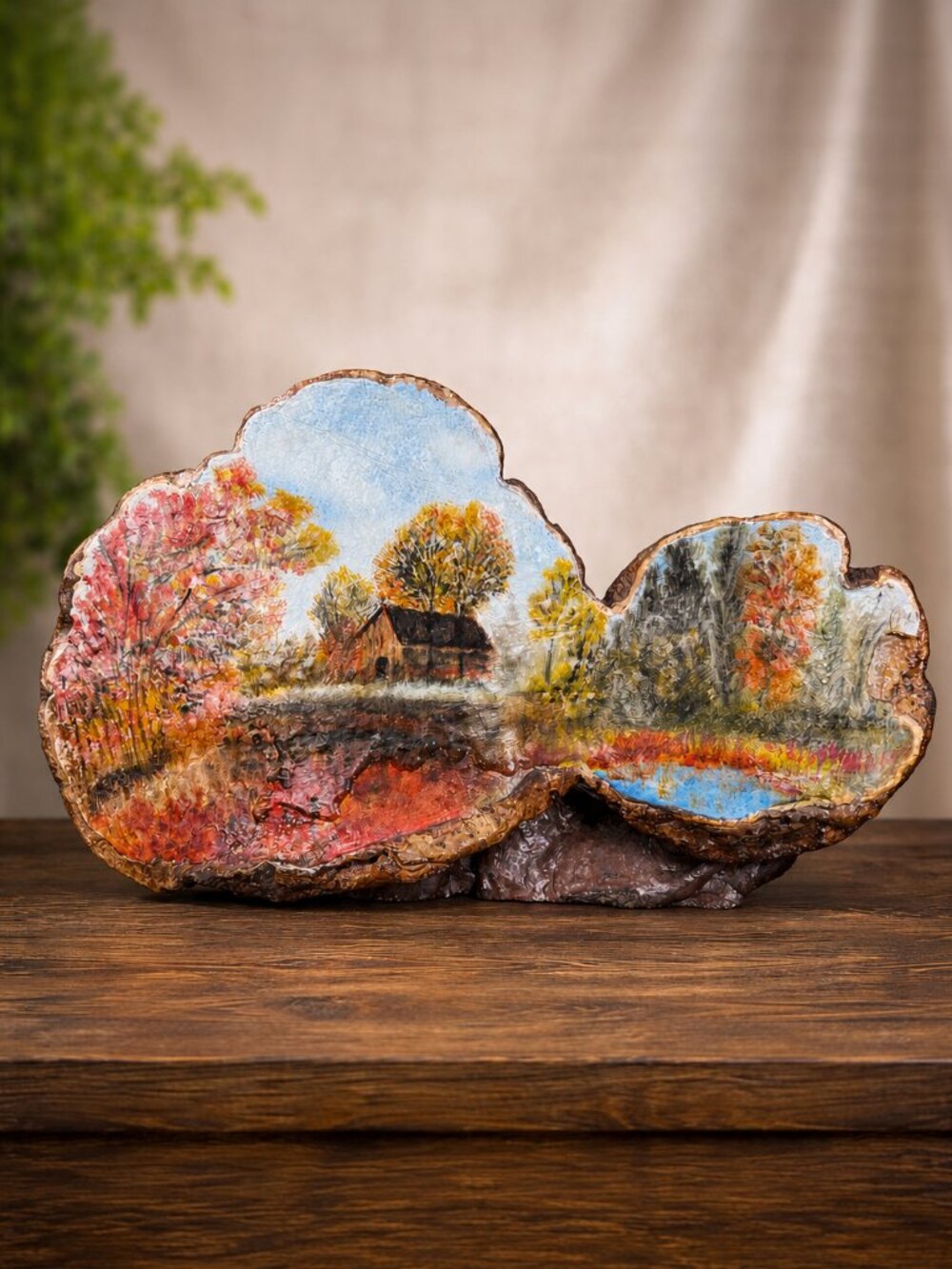 Vintage Hand Painted Landscape Art on Burl Wood Slab, Unique Folk Art Painting